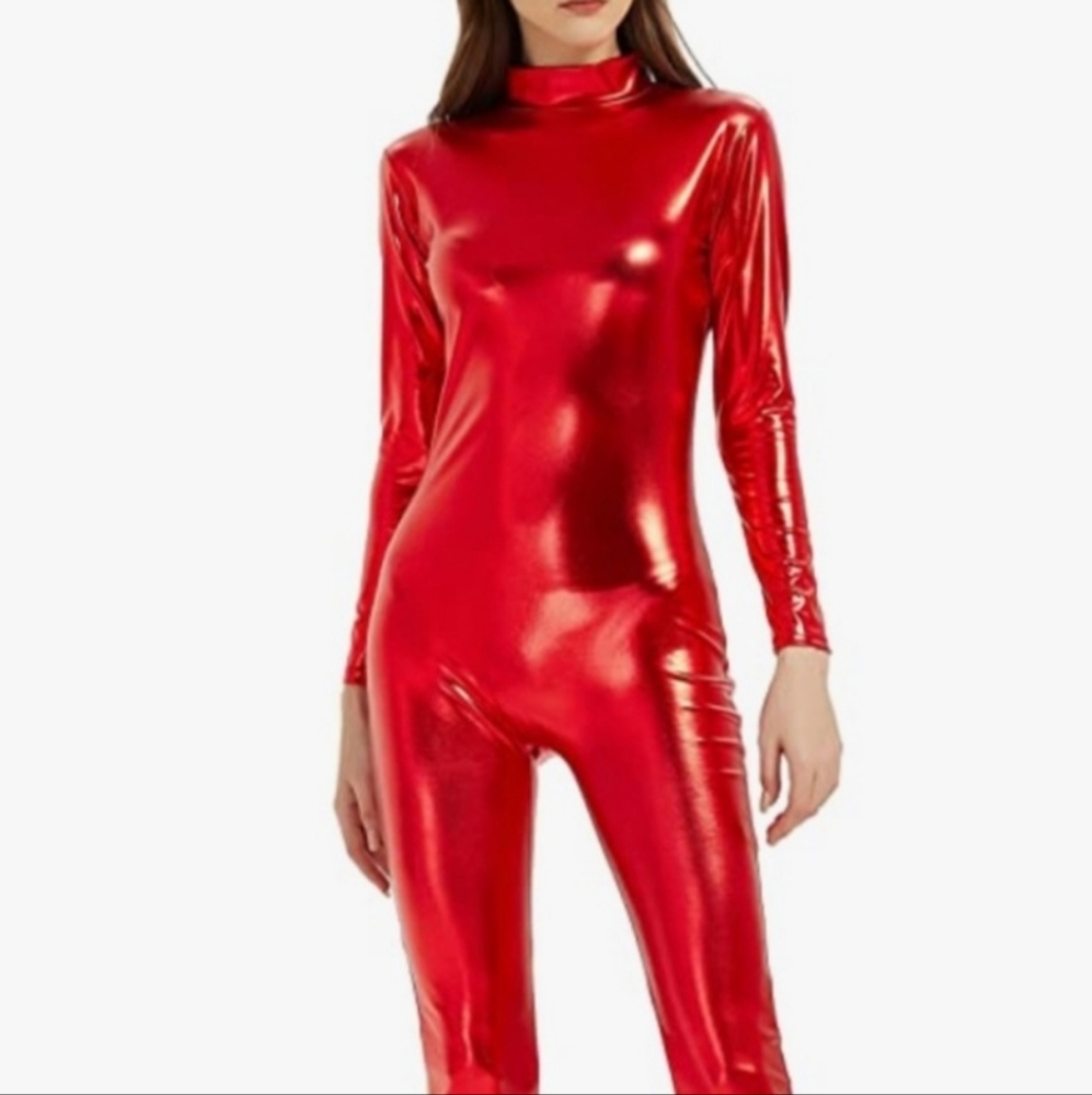 Catsuit Bodycon Jumpsuit Metallic Red M/L